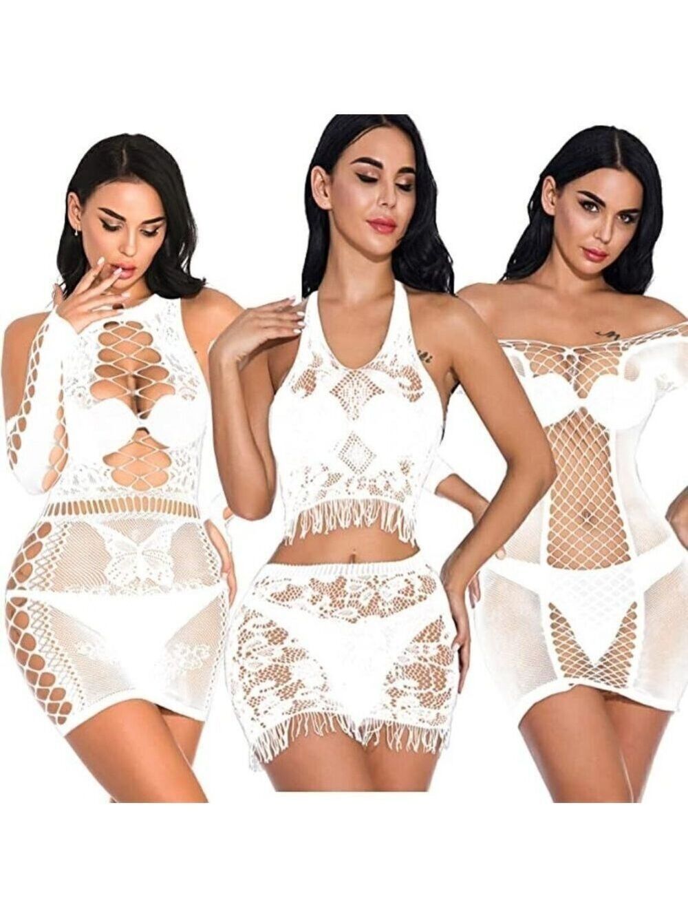 BUNDLE of Sexy White Fishnet Dress Tops Camisole Babydoll Lingerie Chemise NWT